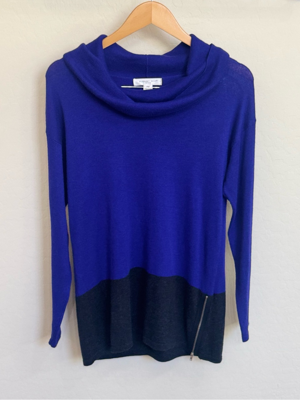 August Silk Petite Cowl Neck Colorblock Sweater Royal Blue Dark Gray PM Zipper